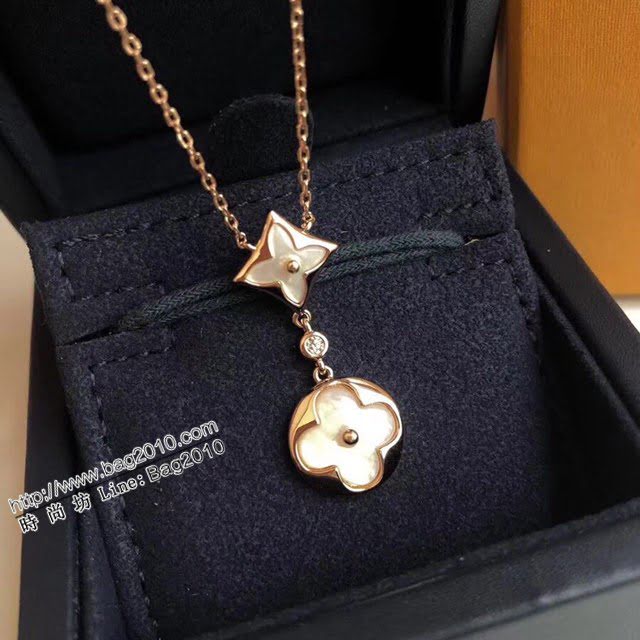 Louis Vuitton純銀飾品 路易威登經典老花白貝母單鑽雙花項鏈 LV四葉草鏈條吊墜鎖骨鏈  zglv1962